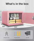 Pink Home Safe Box For Kids And Money with door open, showing interior size 6.69 x 9.06 x 6.69 inches, includes keys and bolts.