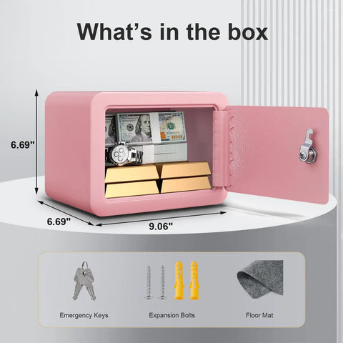 Pink Home Safe Box For Kids And Money with door open, showing interior size 6.69 x 9.06 x 6.69 inches, includes keys and bolts.