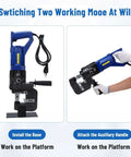 Heavy Duty 1200W Electric Hydraulic Hole Punch Tool 110V with base and handle installation, portable punching for sheet metal projects.