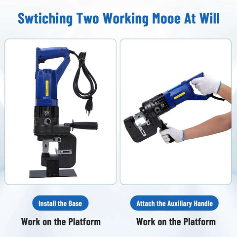 Heavy Duty 1200W Electric Hydraulic Hole Punch Tool 110V with base and handle installation, portable punching for sheet metal projects.