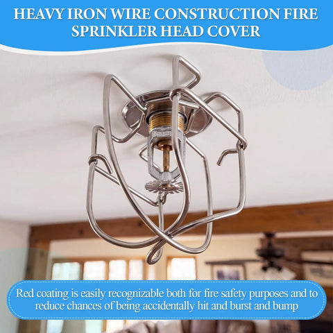 16 Pack Straight Up Heavy Duty Silver Fire Sprinkler Head Cage Guards With Rock Solid Anti Vandal Shielding And Real Deal Durability For Pendent Upright Sidewall Ceiling Mounts, showing iron wire construction and ceiling installation.