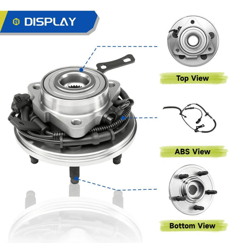 Beefed Up Front Wheel Bearing Hub Assembly 2 Pack For 2006 To 2010 Ford Explorer 2007 To 2010 Explorer Sport Trac And 2006 To 2010 Mercury Mountaineer 5 Lug With ABS OE Grade Replacement Ready To Install shown in top, bottom, and ABS views