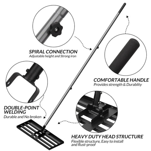 Diagram of Beefy Lawn Leveling Rake With 7ft Steel Handle, 30x10 Heavy Duty Landscape Rake, showing spiral connection and heavy-duty head structure.