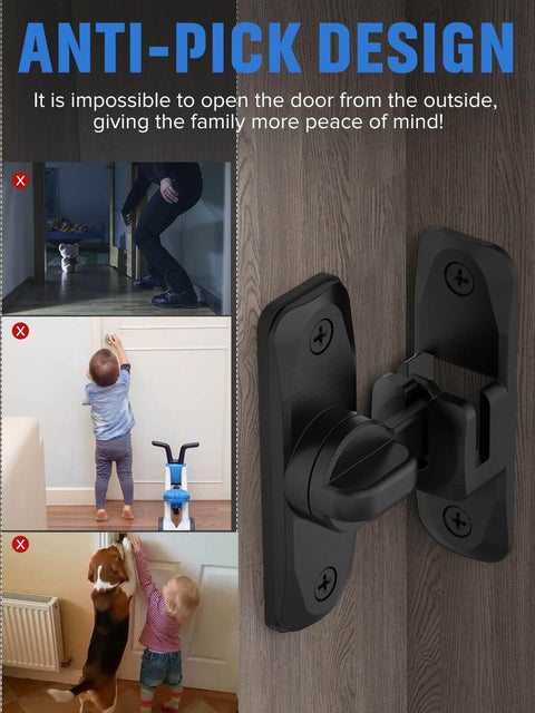 Side view of 90/180 Degree Flip Barn Door Lock Set for Privacy installed in black on wooden door showing anti-pick design