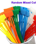 Rock Solid 100 Pack Nylon Self Locking Cable Ties With Write On Labels in assorted colors, organized in a metal holder.