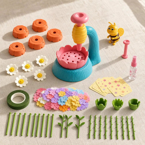 Flower Craft Kit With Machine Petals And Rods Spray Bottle And Reusable Paper Components Complete DIY Flower Making Set For Creative Projects Perfect For Beginners And Crafters Who Love Hands On Floral Art For Home Or Classroom Projects. Colorful flower craft kit with machine, petals, rods, spray bottle, and reusable paper pieces arranged on fabric