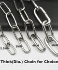 Heavy Duty 304 Stainless Steel Chain Three Thirty Second Inch By Five Feet With Welded Closed Links And Dual Locking Carabiner Hooks For Outdoor Fence Or Dog Tether Weather Ready And Rust Proof, showing four chain thickness options.
