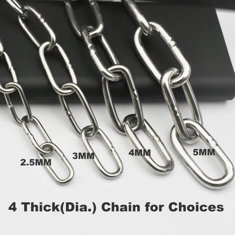 Heavy Duty 304 Stainless Steel Chain Three Thirty Second Inch By Five Feet With Welded Closed Links And Dual Locking Carabiner Hooks For Outdoor Fence Or Dog Tether Weather Ready And Rust Proof, showing four chain thickness options.