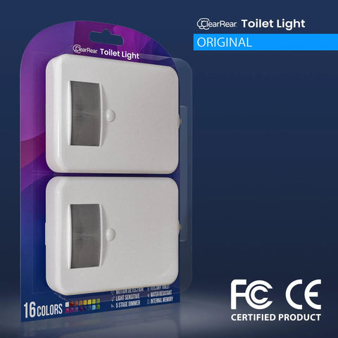 Rear Toilet Light With Motion Sensor 16 Color LED Night Light For Late Night Bathroom Trips Auto On When You Enter Auto Off When You Leave White Finish 2 Pack in packaging
