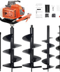 72cc Gas Powered Post Hole Digger with 4 Inch, 8 Inch, 12 Inch Auger Bits, 24 Inch Extensions, accessories shown