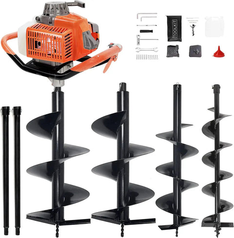 72cc Gas Powered Post Hole Digger with 4 Inch, 8 Inch, 12 Inch Auger Bits, 24 Inch Extensions, accessories shown