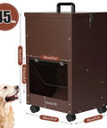 Real Deal Automatic Gravity Dog Feeder With Smooth Rolling Wheels For Large Breed Puppers, Self Refilling Bulk Kibble Dispenser, brown with dimensions.