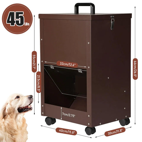 Real Deal Automatic Gravity Dog Feeder With Smooth Rolling Wheels For Large Breed Puppers, Self Refilling Bulk Kibble Dispenser, brown with dimensions.