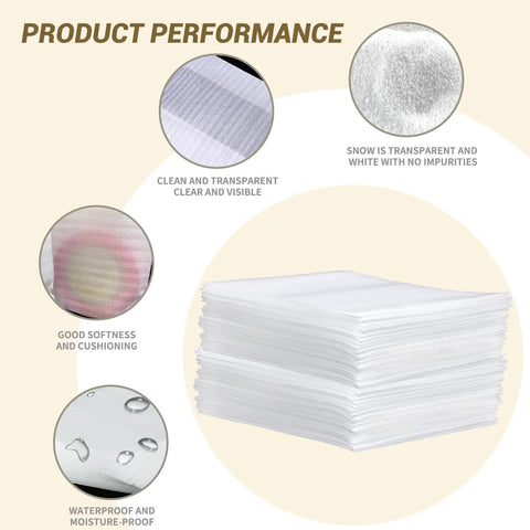 Stack of 100 Pack 8x10 Inch Cushion Foam Pouches For Dish Packing And Moving showing softness, transparency, and waterproof features.
