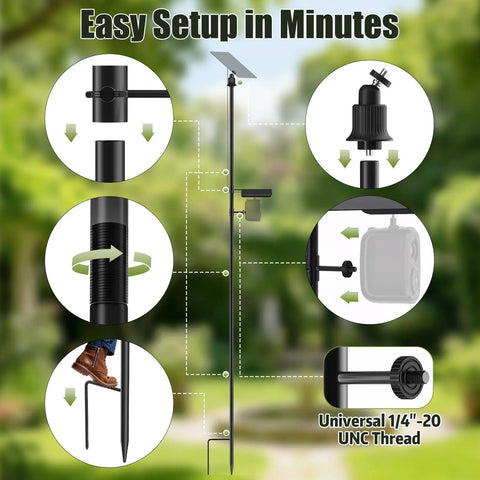 Heavy Duty Ground Stake Mount Bracket For Outdoor Security Cameras And Solar Panels With 16.5 Inch Adjustable Yard Pole showing setup instructions and components.