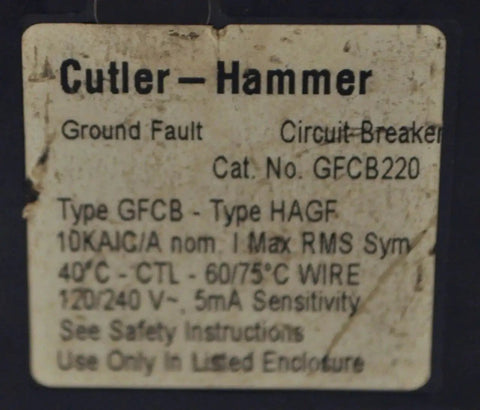 Label of GFCI Circuit Breaker 20 Amp 240 Volt Two Pole Plug In For BR Series Panels Not For CH Series Panels UL Listed