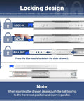 Diagram showing locking mechanism of heavy duty drawer slides with lock, 18 inch full extension ball bearing slides for tool cabinets and workbenches.