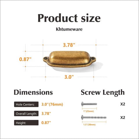 10 Pack 3 Inch Antique Brass Cabinet Pulls showing dimensions 3.78" length, 3.0" width, 0.87" height for kitchen and bathroom use.