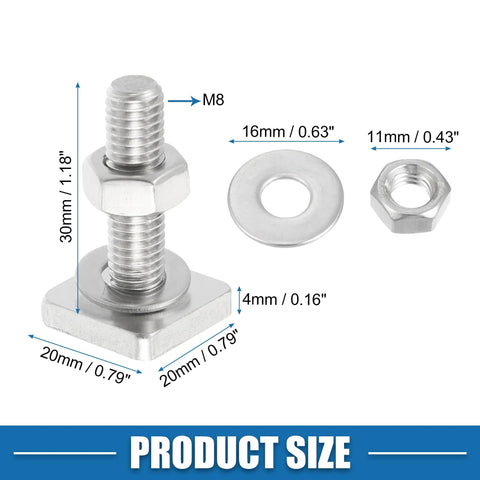Heavy Duty M8 T Slot Bolts For Car Roof Racks, Premium Stainless Steel components showing dimensions and sizes.