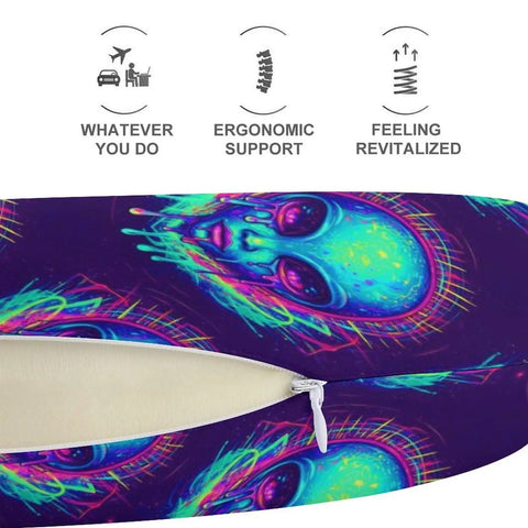 Women's Memory Foam U Shaped Travel Neck Pillow Portable Super Cozy For Plane Car Or Office Naps Lightweight Support With Trippy Blue Tie Dye Alien Design