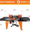 Total Game Changer Universal Benchtop Router Table With Premium Die Cast Aluminum Table Top compatible with any router up to six inch base plates, dimensions and weight displayed.