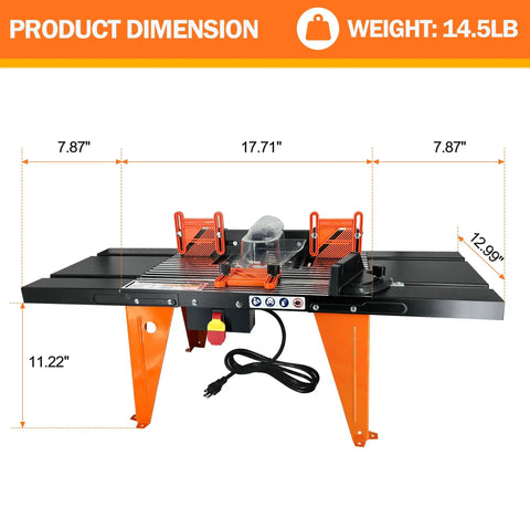 Total Game Changer Universal Benchtop Router Table With Premium Die Cast Aluminum Table Top compatible with any router up to six inch base plates, dimensions and weight displayed.