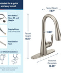 Dimensions and installation details of Top Shelf One Handle Pull Down Kitchen Faucet Featuring Power Boost Technology And Reflex Docking System In Spot Resist Stainless Finish For No Sweat Cleanup.