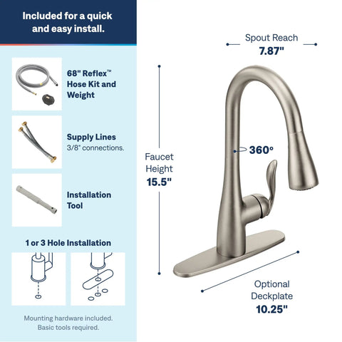 Dimensions and installation details of Top Shelf One Handle Pull Down Kitchen Faucet Featuring Power Boost Technology And Reflex Docking System In Spot Resist Stainless Finish For No Sweat Cleanup.