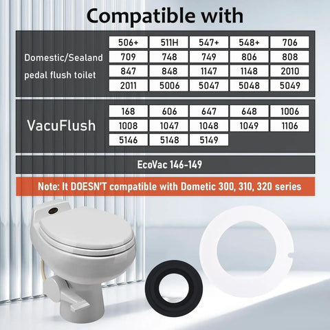 RV Toilet Seal Kit Replacement For Dometic Sealand VacuFlush Toilets 110 111 210 510 Upgraded Bowl Seal Without Drain Holes For Precise Fit No Shifting Easy Install Leak Free Flush, white and black seals with toilet compatibility chart