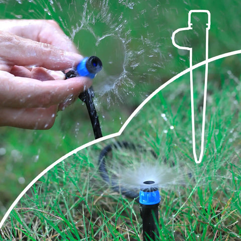 Adjustable 360 Degree Drip Emitters For 1/4 Inch Tubing Blue Sprayers With Stake 50 Pack Garden Watering System in use