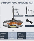 Plug And Play No Fuss Outdoor Ceiling Fan With Lights 20 Inch Wet Rated Gazebo Fan With Remote And App Control, showing components and dimensions.