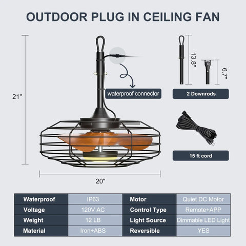 Plug And Play No Fuss Outdoor Ceiling Fan With Lights 20 Inch Wet Rated Gazebo Fan With Remote And App Control, showing components and dimensions.