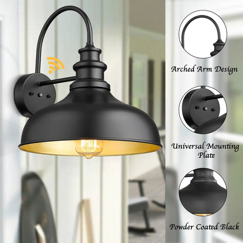 Dusk To Dawn Sensor Farmhouse Barn Light, No Fuss Auto On Off Outdoor Wall Lantern, Black and Gold Finish, Arched Arm Design
