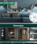 Wireless Motion Sensor LED Closet Lights With Remote USB Rechargeable, shown in living room and dimmable under cabinet lighting.