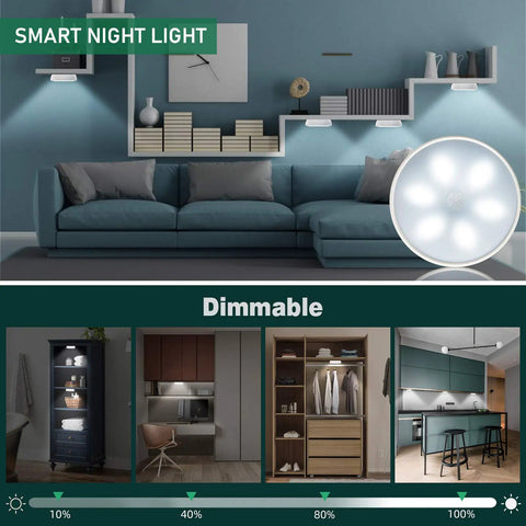 Wireless Motion Sensor LED Closet Lights With Remote USB Rechargeable, shown in living room and dimmable under cabinet lighting.
