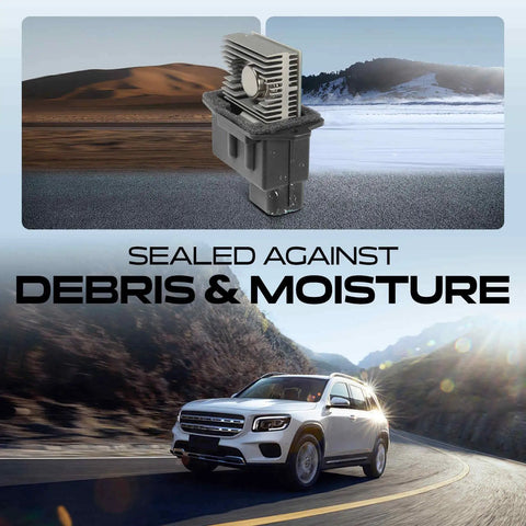 Slick Plug And Play AC Heater Blower Motor Resistor For Ford Explorer Ranger shown with rugged landscape background.