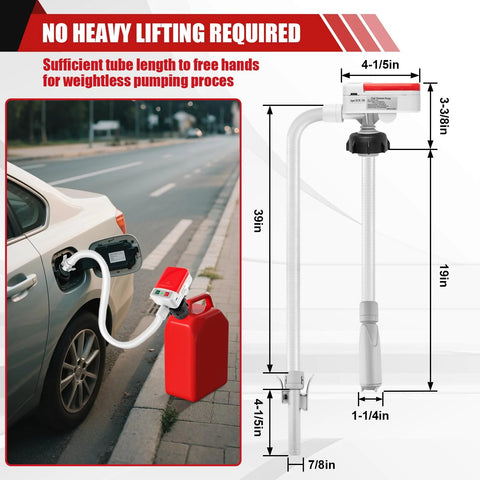 Portable Fuel Transfer Pump With Auto Stop Sensor 3.2 GPM 51 Inch Hose Gas Can Pump with car, red gas can, and adapters