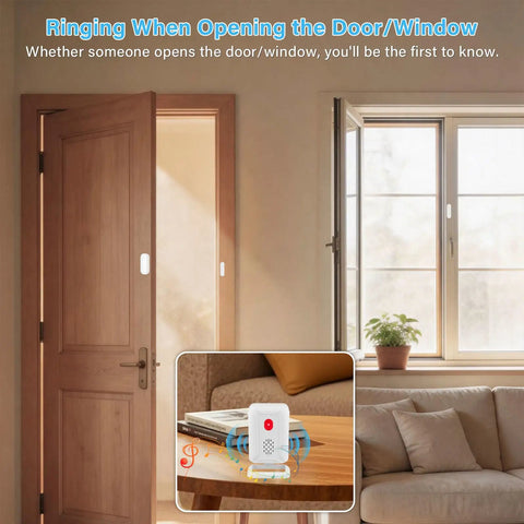 5-In-1 Wireless Door Alarm Chime With LED Lights And Welcome Doorbell by a couch, showing no-wire installation at door