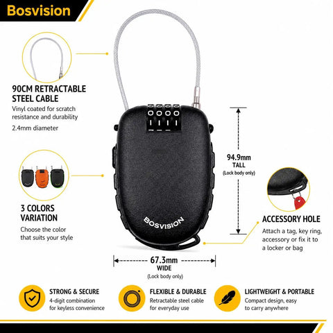 Ultra Secure 4-Digit Combination Lock With 3 Feet Retractable Cable for Bike showing dimensions, cable, and accessory hole