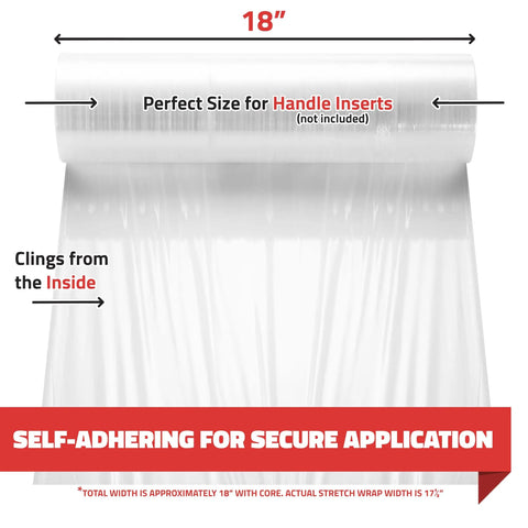 Top Shelf 18 Inch Stretch Wrap 80 Gauge Clear Plastic Film 4 Pack Bulk Rolls showing 18 inch width and clinging detail.