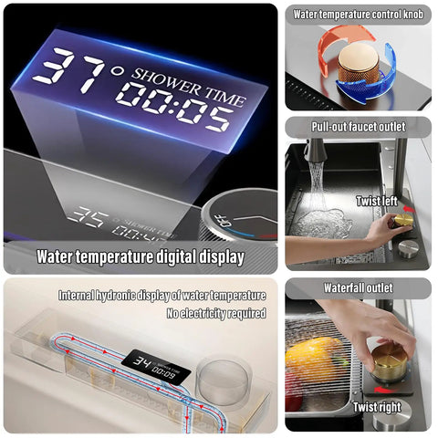 Stainless steel kitchen sink 76 x 50 cm 360° swivel faucet black cutting board included, digital water temperature display.