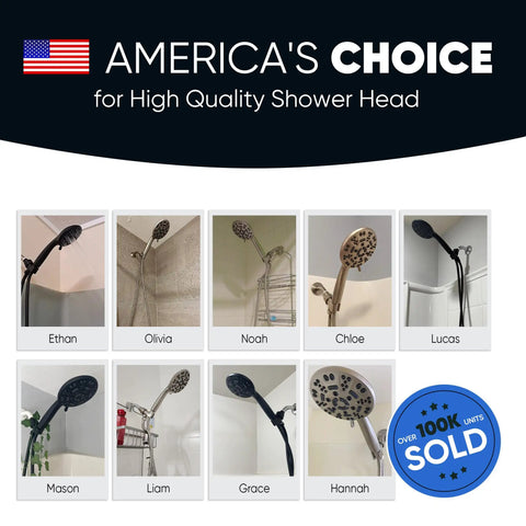 Collage of 8 Setting Handheld Shower Head Set With Detachable Heads 5 Ft Stainless Steel Hose Brass Swivel Bracket Matte Black