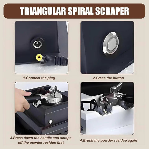 Heavy Duty Electric Coffee Portafilter Cleaner Knock Box Combo with Triangular Spiral Scraper instructional steps