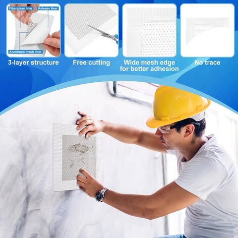 Person using Heavy Duty Drywall Repair Kit With 8.8 Oz White Putty, Scrapers, Sandpaper And Gloves For Easy Patch For Holes And Cracks