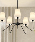 Five Light Modern Black Farmhouse Chandelier With Linen Beige Fabric Shades, 30 Inch Adjustable Pendant Ceiling Light