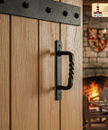 Premium Solid Heavy Duty Rustic Twisted Barn Door Handles In Black Wrought Iron Six Inch Farmhouse Cabinet Pulls on wood.