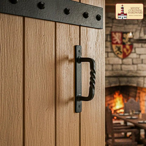 Premium Solid Heavy Duty Rustic Twisted Barn Door Handles In Black Wrought Iron Six Inch Farmhouse Cabinet Pulls on wood.