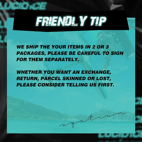 Text graphic with shipping advice and request to inform of exchanges or returns, labeled 'Friendly Tip'. Background image visible.