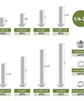 SAE 232-Piece 1/4-20 Bolt And Nut Assortment Kit With Washers, stainless steel fasteners shown in various lengths and sizes