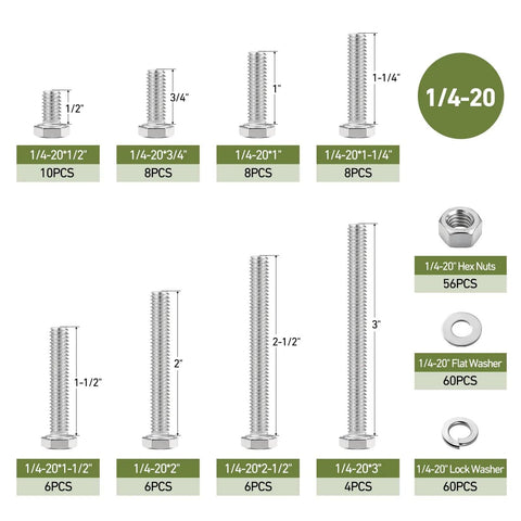 SAE 232-Piece 1/4-20 Bolt And Nut Assortment Kit With Washers, stainless steel fasteners shown in various lengths and sizes